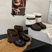 Women's Retro French Style Chunky Heel Plush Snow Boots 2025 New Warm Cotton Outdoor Winter Shoes - 棕色 - 查看 3