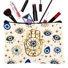 1pc Devil's Eye Print Canvas Makeup Bag, Toiletry Wash Organizer Pouch & Gift Bag, Travel Storage Bag & Coin Purse, Lightweight, Foldable, Zippered, Machine Washable For Travel, Gym, Camping, Business Or Home Use, Chic Accessory, Perfect Gift For Women, Teachers, And Friends - Multicolor - View 4
