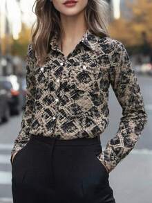 Women's Fashion Snake Skin Print Button Down Collar Long Sleeve Shirt, Regular Fit, Polyester Fabric - Khaki - View 9