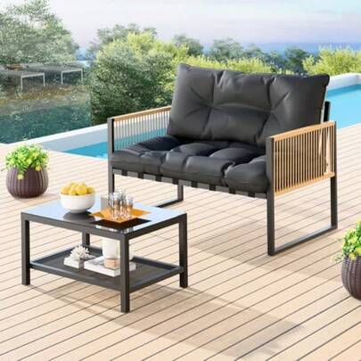 Lounge Setting Conversation Sets With Cushions Outdoor Patio Bistro Sofa Set Table And Chair Garden Setting Dark Grey