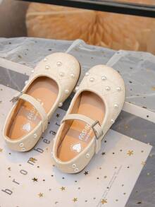 Girls' Pearl Mary Jane Princess Shoes - Buckle Strap Soft Sole Toddler Little Girl Dress Shoes | Spring Autumn Party Everyday Wear - Beige - View 7
