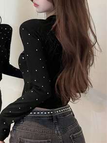 Rhinestone Decor Round Neck Long Sleeve Cropped T-Shirt For Women, Early Autumn - Black - View 8