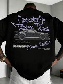 Zrgoth 男士休闲百搭简约英文标语及汽车印花短袖T恤 - 黑色 - 查看 1