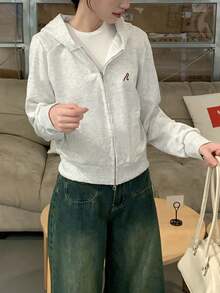 Women Hooded Sweatshirt Lightweight Jacket, Loose & Unique Design, Crop Length With Double Zipper, Casual Outerwear - Light Grey - View 2