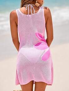 2026 Women's Summer Vacation Swimsuit Cover Up Crochet Beach Floral Hollow Out Slit Bathing Suit Sleeveless Cover Up Dresses - 粉色 - 查看 6