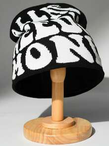 2025 New Letter Knit Beanie Hat, Unisex Fashion Street Hip Hop Skull Cap, Autumn/Winter - Black and White - View 3