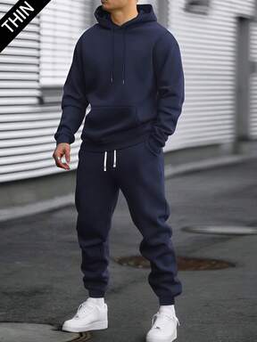 Men's Lightweight Hoodie And Sweatpants Set, Solid Color Basic Style, Fashion Casual Outfit For Spring And Autumn, Suitable For Husband Or Boyfriend Gift, Street, Commute, Outdoor Activities, Vacation, Cool Weather