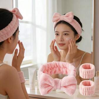 3-delat set, en storlek passar alla, vattenabsorberande och snabbtorkande, högelastisk bomull, set med ansiktshårband och armband, enkel stil, enfärgad, bred kant, halkfri, stänkskyddade och fukttåliga ärmar, tvätthandduk, daglig hudvård/smink/tvättscen