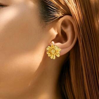 1 par de pendientes de botón con estampado floral vintage, chapado en oro de 18K de acero inoxidable para mujer