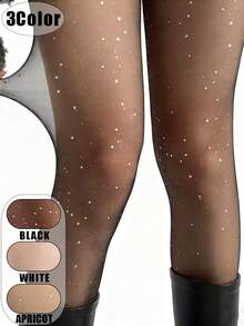 1 Pair Of Starry Sparkle Sequined Sheer Stockings For Women Spring/Fall Outerwear Sweet & Spicy Style Run-Resistant Pantyhose - Multicolor - View 1
