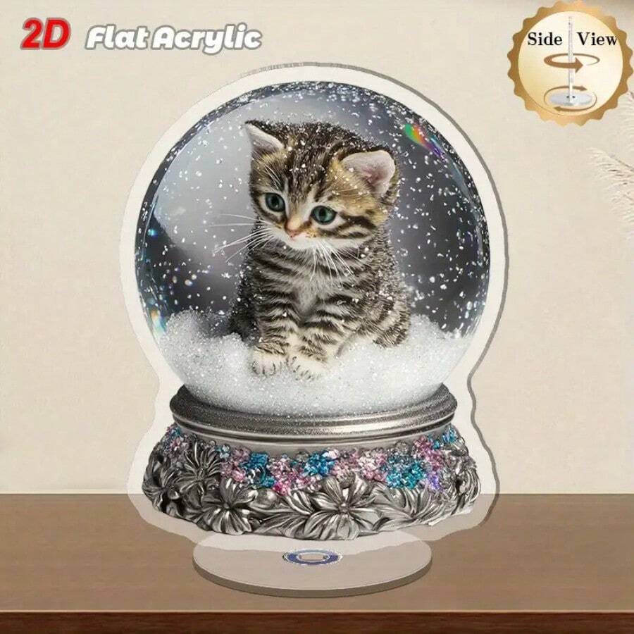 2D Plano, 1 peça Bola de Neve Giratória Decorativa de Sobremesa com Gato Tricolor - Movimento Giratório, Cúpula Transparente e Base para Uso Interno/Externo, Adequado para Casa, Escritório ou Exposição em Prateleira, Ideia de Presente Decorativo de Gato Fofo, Estrutura Acrílica Durável - Multicolorido - Visão 1