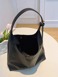 Solid Color Vintage Casual Large Capacity Foldable Shoulder Bag, Lightweight For Students, Shopping, Outdoor Walking , Office - Black - View 5