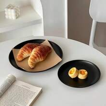 1 pieza/1 set de bandejas redondas de acero inoxidable, bandejas de almacenamiento y exhibición de joyas de alto valor, platos para pasta, platos para té de la tarde, platos para postres, platos para postres de alto valor, platos para pasteles, platos para frutas del desayuno, platos multiusos para servir alimentos, platos aptos para lavavajillas, utensilios de cocina modernos, vajilla duradera, suministros para restaurantes, artículos esenciales para la cocina y el catering. - Negro - Ver 6