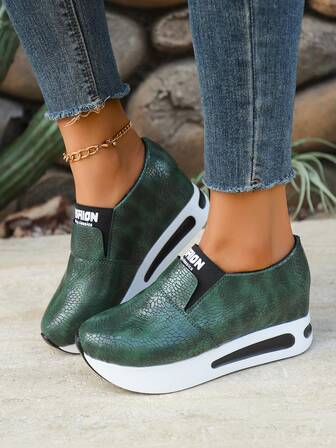 Zapatillas slip-on para mujer con cuña oculta, decoración con brillo, calzado deportivo casual, de caña baja, punta redonda, suela de goma, forro y plantilla de tela, de moda para todas las estaciones