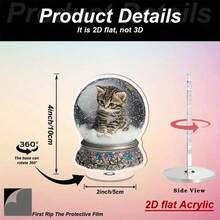 2D Plano, 1 peça Bola de Neve Giratória Decorativa de Sobremesa com Gato Tricolor - Movimento Giratório, Cúpula Transparente e Base para Uso Interno/Externo, Adequado para Casa, Escritório ou Exposição em Prateleira, Ideia de Presente Decorativo de Gato Fofo, Estrutura Acrílica Durável - Multicolorido - Visão 7