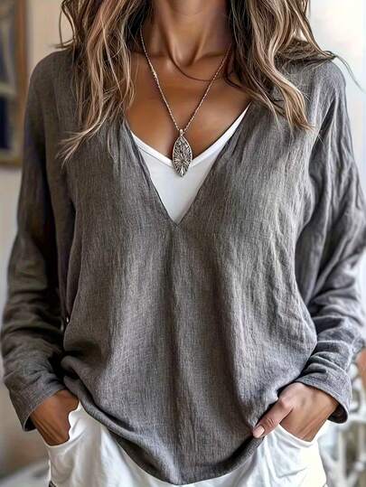 [2 In 1 Layered Design] Loose Long Sleeve Deep V-Neck Relaxed Casual Linen-Blend Gray Top, Casual And Laid-Back Outfit, Suitable For Home, Going Out, Coffee Shops, Daily Wear, Spring And Autumn Weekend Light Outings