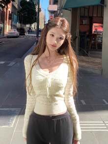 女士镂空波浪V领针织毛衣上衣，秋季设计，系带长袖，春季白色 - 白色 - 查看 2