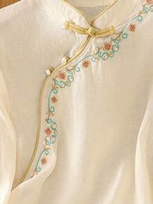 JIANHU 春夏刺绣立领上衣，现代中式纽扣设计，宽松优雅百搭白色度假风上衣 - 白色 - 查看 9