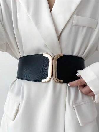 Hochwertiger elastischer Damengürtel, dekorativer Anzug, Mantel, vielseitiger Kleidergürtel, schwarzer Kunstleder Doppelschnallen Breiter Gürtel