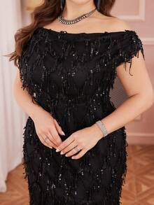 UNITHORSE Đầm cocktail trễ vai tay ngắn, thắt eo, đính sequin, thích hợp cho tiệc cưới mùa xuân, màu đen. - màu đen - Xem 5