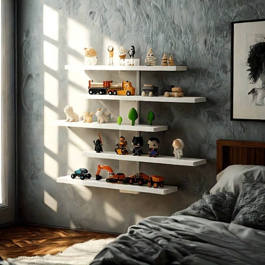 壁挂式储物架，卧室装饰盲盒储物架，五层木制壁挂式展示架。 - 彩色 - 查看 1