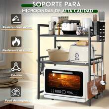 Estante para Microondas Organizador de Cocina, Estante Extensible de 3 Niveles con Ganchos para Utensilios, Tabaquera y Portatablas,Soporte para microondas para Cocina Negro - H - Ver 5
