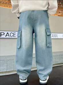 Tween Boys' Fashionable Casual Street Cargo Denim Jeans - Light Wash - View 2