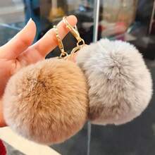 New Minimalist Rabbit Fur Pom Pom Keychain Bag Charm - Khaki - View 2