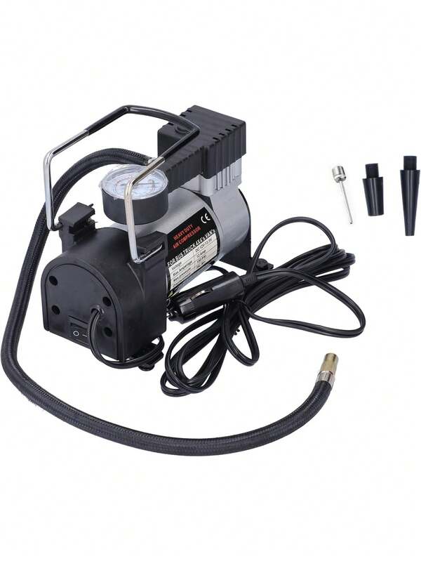 DeTODO Compresor de Aire de 12V con Adaptador de 150 S. Para Neumáticos de Coches, Camiones Pesados, Piezas de Automóviles. Incluye 2 Adaptadores de Boquilla y 1 Aguja