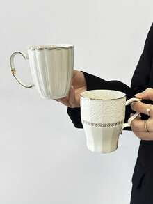 1pc European Style Embossed White & Gold Ceramic Mug, 280ML, With Handle, Coffee Cup, Breakfast Milk Cup, Home Afternoon Tea Latte Cup, Juice Beverage Cup, Couple Water Cup, Holiday Gift Cup, Gift For Family And Friends