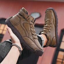 Men's Casual Leather Loafers Fashion Comfortable Chelsea Boots Hand Stitched Slip On Mid-Top Shoes - Màu Khaki - Xem 2