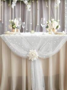 1 Peça Caminho de Mesa de Tule Estilo Boêmio 72*300cm, Decorado com Pérolas Falsas, Adequado para Chá de Bebê, Arco de Casamento, Decoração de Chá de Noiva, Mesa de Sobremesa, Casamento, Banquete, Festa e Outras Ocasiões - Tecido Branco Elegante - Multicolorido - Visão 3