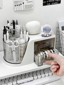 1pc Rotating Desktop Drawer Style Dust-Proof Stationery Storage Box, Detachable Multi-Scene Makeup Brush Organizer - Multicolor - View 6