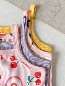 4件套女婴可爱连体衣 - 彩虹、樱桃、橙色和纯色条纹印花，柔软针织面料，适合春夏休闲穿着，女婴 - 彩色 - 查看 4