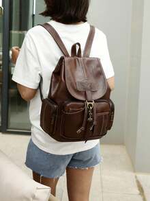2025 New Vintage Backpack, Carabiner Design, Fashion Versatile Casual Travel Bag, Large Capacity Laptop School Bag - Brown - View 5
