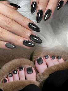 48片（2种款式混装）Y2K复古风黑色水晶猫眼美甲贴纸，杏仁形猫眼亚克力假指甲，包含2片果冻胶和1个指甲锉，黑色猫眼美甲，适合夏季佩戴，日常女性和女孩使用，也适合锐舞派对 - 黑色 - 查看 8