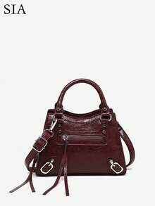 1pc Women's Retro Y2K Biker Punk Style Rivet Decor Multi-Pocket Faux Oily Cracked Leather Motorcycle Handbag Boston Bag, Suitable For Outings, Dates, Parties - Burgundy - View 1