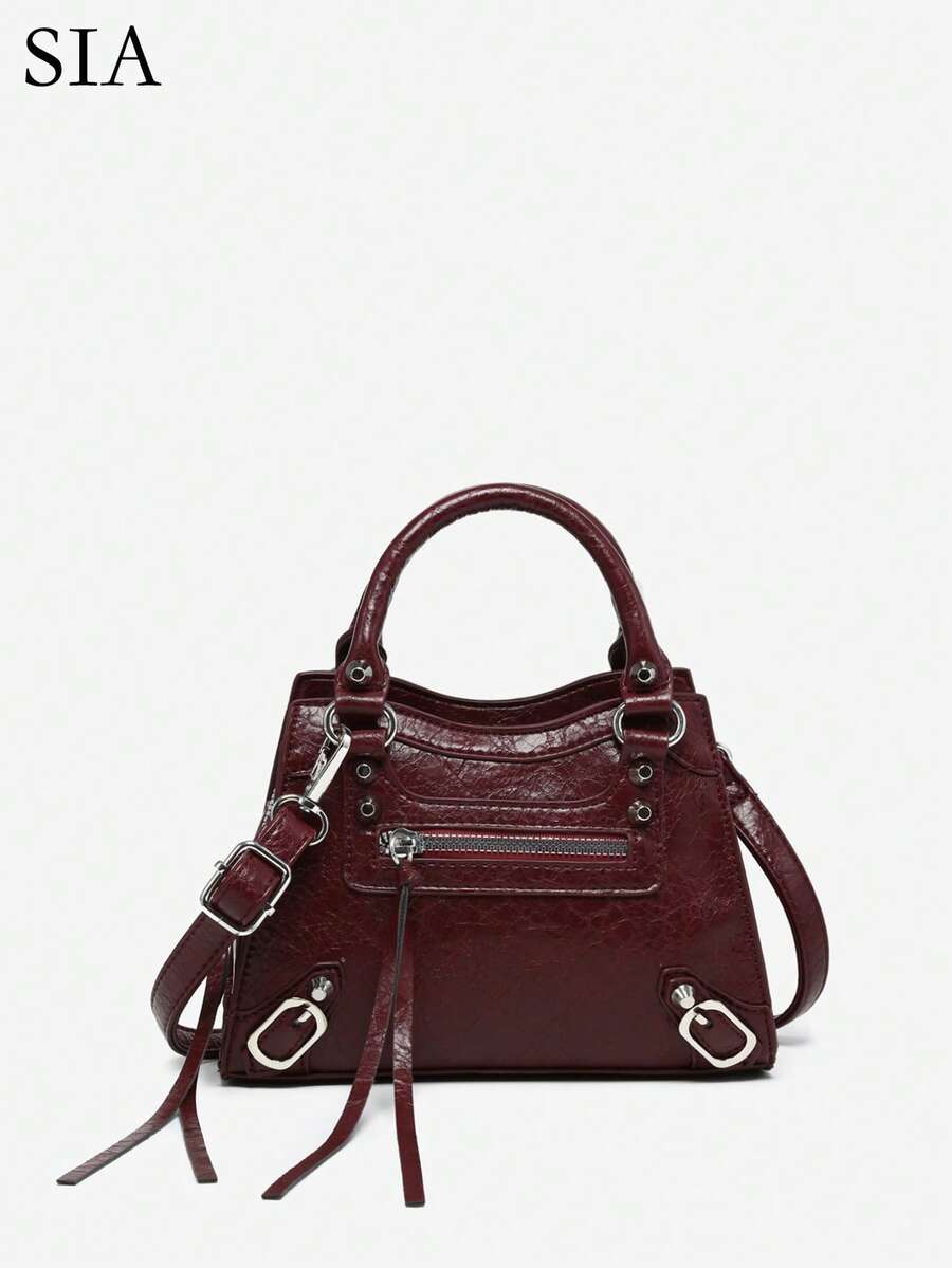 1pc Women's Retro Y2K Biker Punk Style Rivet Decor Multi-Pocket Faux Oily Cracked Leather Motorcycle Handbag Boston Bag, Suitable For Outings, Dates, Parties - Burgundy - View 1