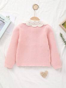 Tween Girl Knit Cardigan With Embroidered Floral Trim - Pink - View 10