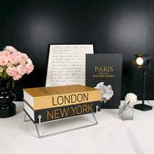 3er Set Deko-Bücher aus Kunstleder, Goldfolien-Textur - Luxus-Papier-Imitat-Bücher mit Goldfolien-Design, Wohnzimmer- und Arbeitszimmer-Atmosphären-Dekoration, stapelbare Kunst-Bücher, Feiertags-Dekoration und Ornamente - Gold - Übersicht 3