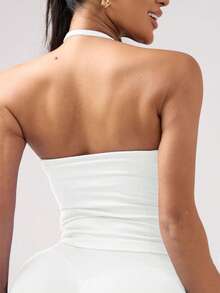 女士瑜伽运动文胸无袖露脐运动上衣，弹力健身透气背心 - 白色 - 查看 8