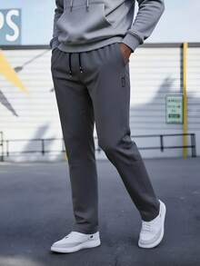 1 Pair Of Men's Solid Color Drawstring Waist Pocket Fleece-Lined Warm Sporty Casual Long Pants, Suitable For Daily Wear In Autumn And Winter. - Màu xám đen - Xem 3