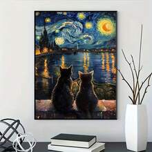 Kit de pintura de diamantes DIY, inspirado en el Gato de la Noche Estrellada de Van Gogh, mosaico de rhinestones acrílicos, adecuado para principiantes adultos - Experiencia artesanal fácil, decoración del hogar, regalo creativo para amantes del arte - Multicolor - Ver 5