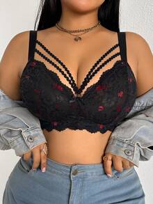 大码女士无钢圈蕾丝文胸，透气防滑前扣式支撑文胸，可调节肩带，无缝设计，适合日常穿着 - 黑色 - 查看 2