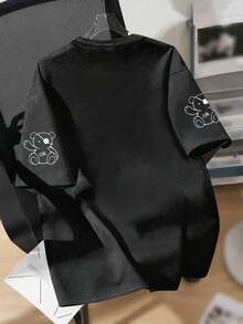 Girls' Cute Casual Black Bear Graphic Print T-Shirt, Comfortable Daily Wear For Teenagers - Dark Grey - View 2