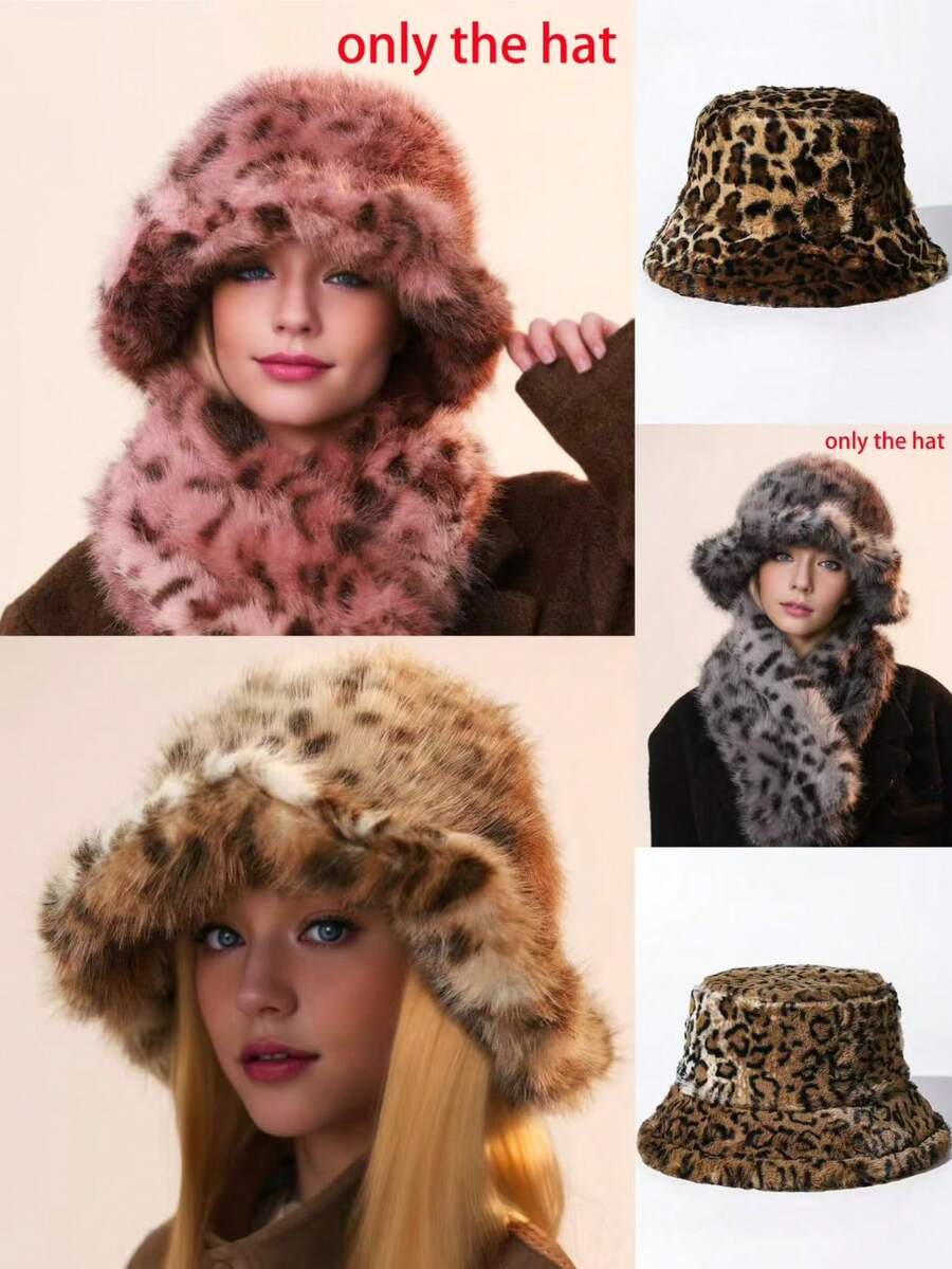 1pc Women/Men Leopard Print Fluffy Wide Brim Bucket Hat, High Quality Outdoor/Casual Warm Winter Hat, Suitable For Christmas Accessory, Versatile For Various Occasions