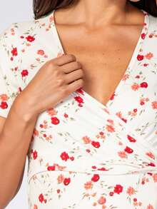 Maternity Shirt With Ditsy Floral, Polyester Fabric, Twist Knot Front Design, Suitable For Spring And Summer - Red Floral Pattern - View 5