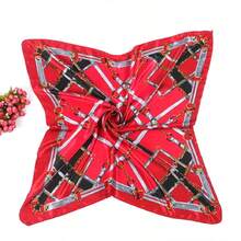 Women's Large Square Satin Scarf 90x90 Chic Polyester Printed - Red / Black - View 4