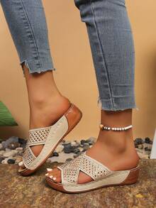 Sandalias de cuña con lentejuelas casuales para mujer, primavera/verano - Dorado - Ver 3