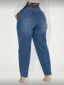 大码高腰宽松牛仔裤，女士休闲工装阔腿牛仔裤，街头风日常裤，松紧腰哈伦牛仔裤，弹力牛仔裤，圣诞春季 - 深色水洗藍 - 查看 5